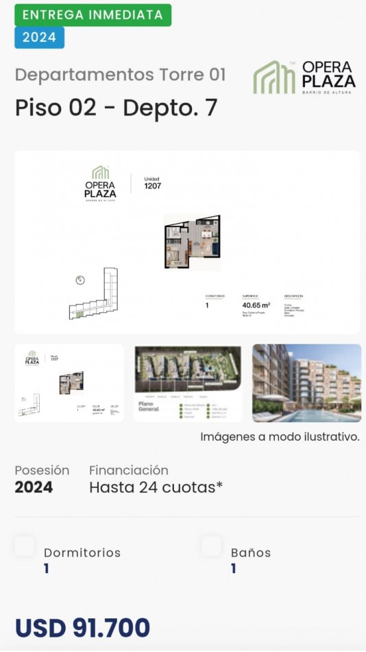 VENTA DE EXCELENTE DEPARTAMENTO DE 1 DORMITORIO EN OPERA PLAZA PISO 2 DEPARTAMENTO 7 TORRE 1 ENTREGA INICIAL 50%POSESION 2024 FINANCIACION HASTA EN 24 CUOTAS  